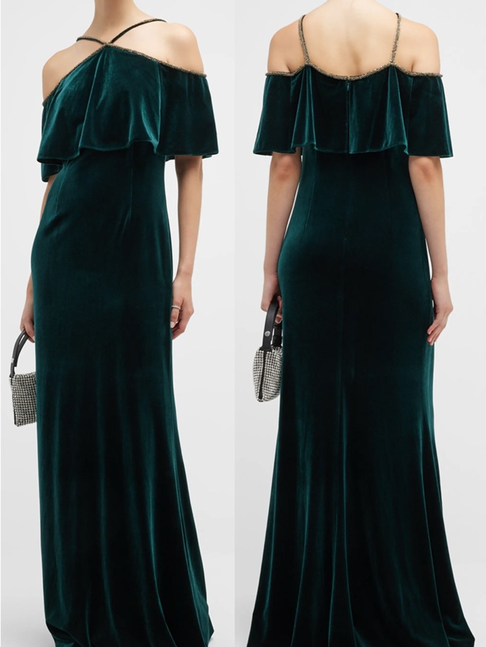 Aidan Mattox Deep Teal Velvet Off-Shoulder Maxi Dress